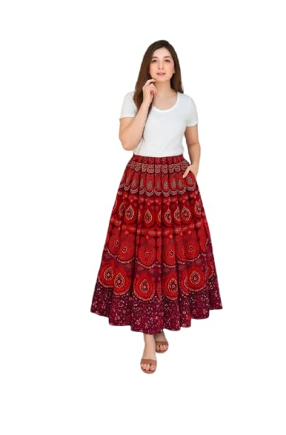 Ukal Traditional Long Skirt Lehenga with Printed Flowers and Embroidered Sequins for Women Girl' (in, Alpha, Free Size, Red) - Image 1