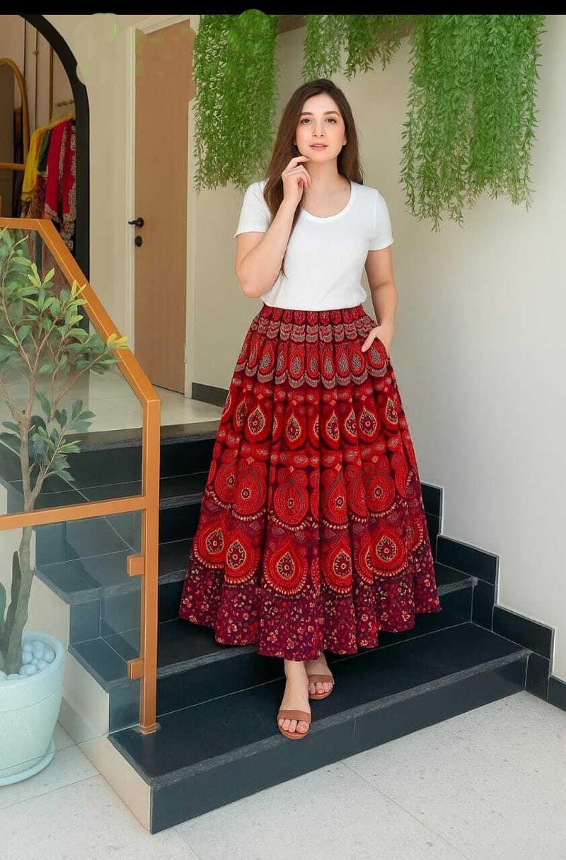 Ukal Traditional Long Skirt Lehenga with Printed Flowers and Embroidered Sequins for Women Girl' (in, Alpha, Free Size, Red) - Image 2