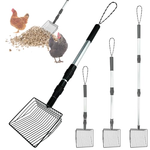 Jtuxcke Chicken Poop Scooper 3 in 1 Adjustable Long Handle Litter Metal Scoop Heavy Duty Metal Chicken Poop Scooper Litter Sieving Shovel, Chicken Coop Accessories (22-41.7") - Image 1