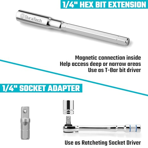 DURATECH 1/4" T-Handle Ratchet, Mini Ratchet Wrench with Hex Bit Extension and Adapter Set, Compatible with Standard 1/4" Hex Bits or Sockets, Portable and Versatile Repair Tool for Tight Spaces - Image 5
