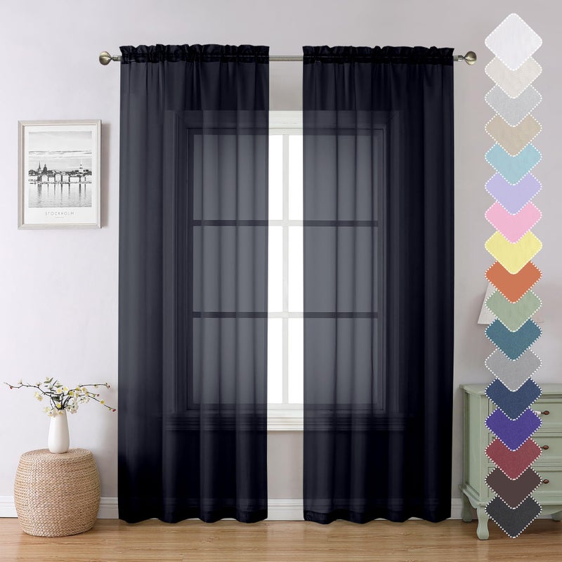 Lecloud Black Sheer Curtains 84 Inches Long 2 Panels Solid Voile Light Filtering Airy Window Treatments for Living Room Bedroom Lightweight Breathable Drapes with Dual Rod Pocket 40 W x 84 L