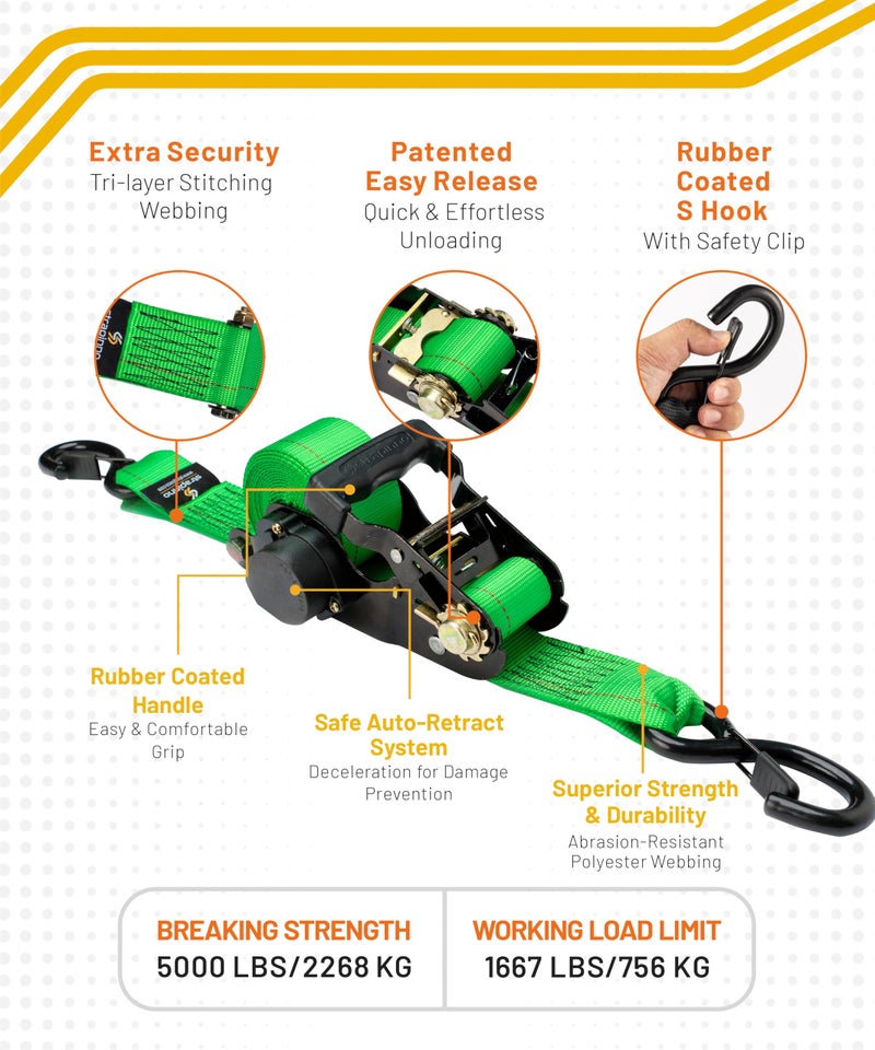 Strapinno Retractable Ratchet Tie-Down Straps,5,000 lbs Breaking Strength- 2 in x 12 ft Heavy Duty Ratchet Strap with Safety Lock S Hooks for Motorcycles, ATVs, UTVs, Lawn Equipment & Cargo (Green) - Image 2