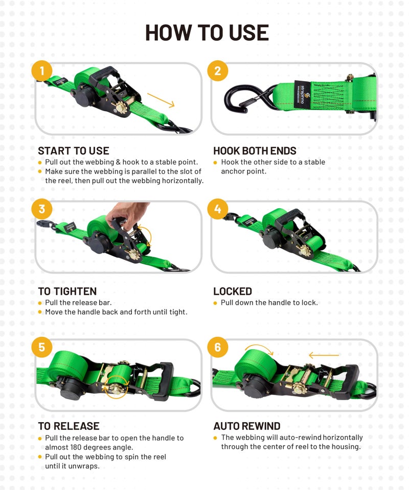 Strapinno Retractable Ratchet Tie-Down Straps,5,000 lbs Breaking Strength- 2 in x 12 ft Heavy Duty Ratchet Strap with Safety Lock S Hooks for Motorcycles, ATVs, UTVs, Lawn Equipment & Cargo (Green) - Image 4