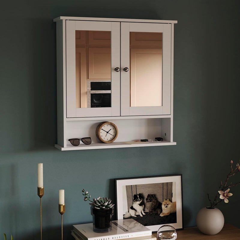 Bath Vida Double Door Bathroom Cabinet Wood White Mirrored Wall Mounted Storage Furniture