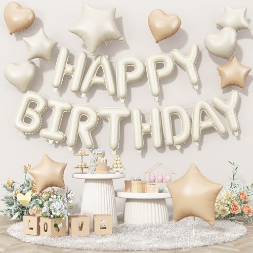 Togvu Happy Birthday Balloon Banner Cream 16 Inch Beige Mylar Foil Letter Balloons Boho Neutral Birthday Decorations with 10 Pcs Ivory Caramel Brown Foil Balloon Inflatable Party Supplies for Women Girl - Image 1