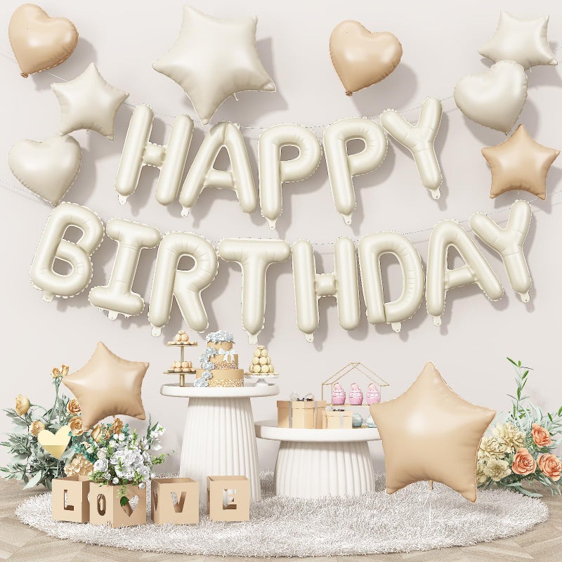 Togvu Happy Birthday Balloon Banner Cream 16 Inch Beige Mylar Foil Letter Balloons Boho Neutral Birthday Decorations with 10 Pcs Ivory Caramel Brown Foil Balloon Inflatable Party Supplies for Women Girl - Image 2