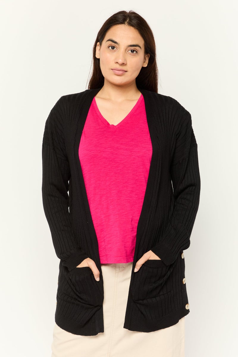 Pink Rose Women Split Neck Stripe Cardigans, Black  - Image 1