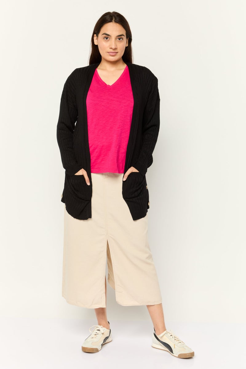 Pink Rose Women Split Neck Stripe Cardigans, Black  - Image 2