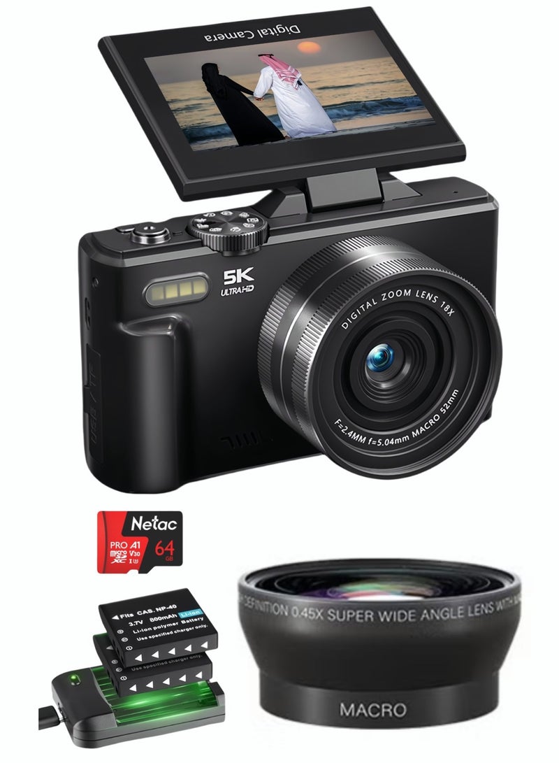 Milatech 5K Point and Shoot Digital Camera, 75MP Camera Digital for Photography, 2 Batteries, Wide Angle & Macro Lens,  With 64GB TF Card, 18X Digital Camera with 3" 180° Flip Screen, Vlogging Camera for Beginner Gift - Image 1