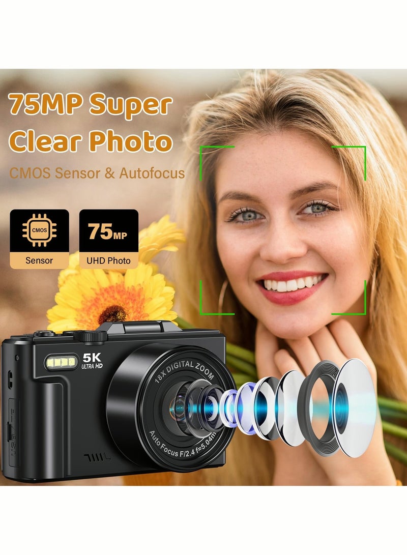Milatech 5K Point and Shoot Digital Camera, 75MP Camera Digital for Photography, 2 Batteries, Wide Angle & Macro Lens,  With 64GB TF Card, 18X Digital Camera with 3" 180° Flip Screen, Vlogging Camera for Beginner Gift - Image 2