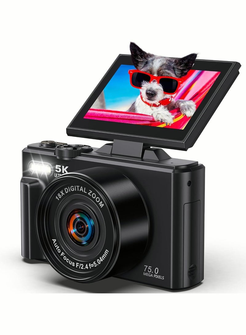Milatech 5K Point and Shoot Digital Camera, 75MP Camera Digital for Photography, 2 Batteries, Wide Angle & Macro Lens,  With 64GB TF Card, 18X Digital Camera with 3" 180° Flip Screen, Vlogging Camera for Beginner Gift - Image 4