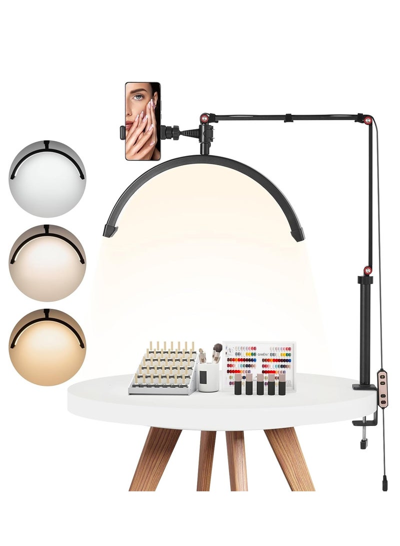Eyelash LED Desk Light,20W Half Moon Lamp for Lash Extension with Phone Holder,Lighting for Beauty,Skincare,Lashes,Eyebrows,Tattoo Artists,Filming Content Creation,3 Colors Light Brightness Adjustab  - Image 1