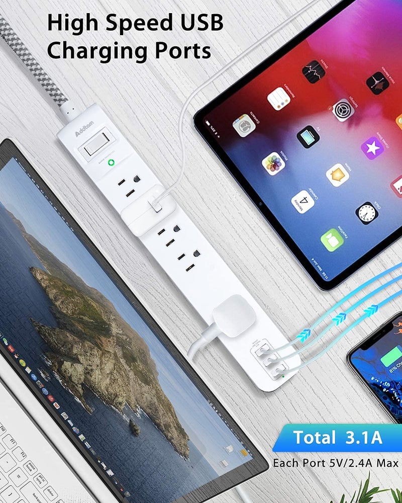 Addtam Surge Protector Power Strip - 10 FT Long Extension Cord with 5 Widely AC Outlets 3 USB Ports, Flat Plug with Overload Surge Protection for Home, Office, Dorm Essentials (2 Pack) - Image 5
