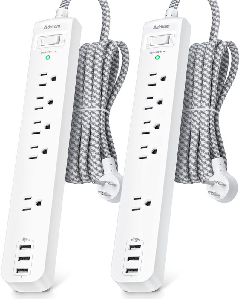 Addtam Surge Protector Power Strip - 10 FT Long Extension Cord with 5 Widely AC Outlets 3 USB Ports, Flat Plug with Overload Surge Protection for Home, Office, Dorm Essentials (2 Pack) - Image 1