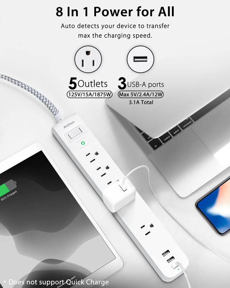 Addtam Surge Protector Power Strip - 10 FT Long Extension Cord with 5 Widely AC Outlets 3 USB Ports, Flat Plug with Overload Surge Protection for Home, Office, Dorm Essentials (2 Pack) - Image 3