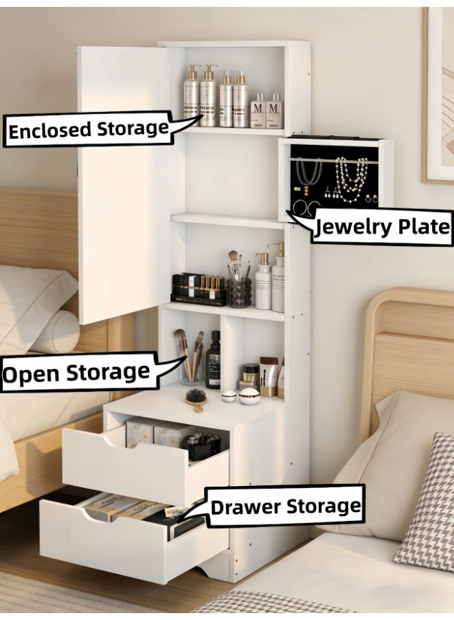 CityRiya-Long Tall Bedside Mirror Cabinet with Hidden Jewelry Storage, White Narrow Nightstand with Drawers & Open Compartments, Multi-Purpose Dresser Organizer for Bedroom, Small Space Friendly Vanity Cabinet with Full Length Mirror (CT053DG) - Image 2