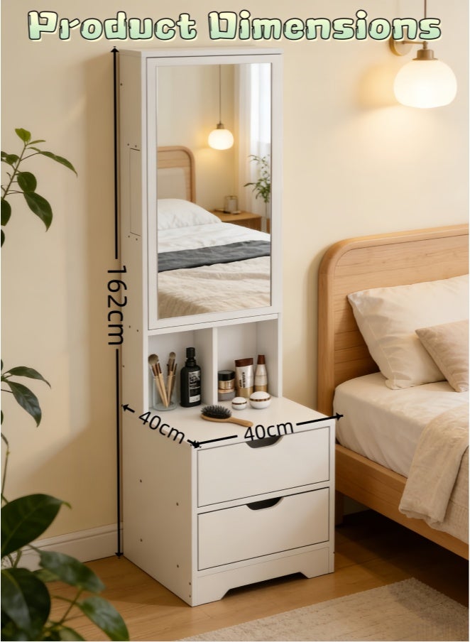 CityRiya-Long Tall Bedside Mirror Cabinet with Hidden Jewelry Storage, White Narrow Nightstand with Drawers & Open Compartments, Multi-Purpose Dresser Organizer for Bedroom, Small Space Friendly Vanity Cabinet with Full Length Mirror (CT053DG) - Image 3