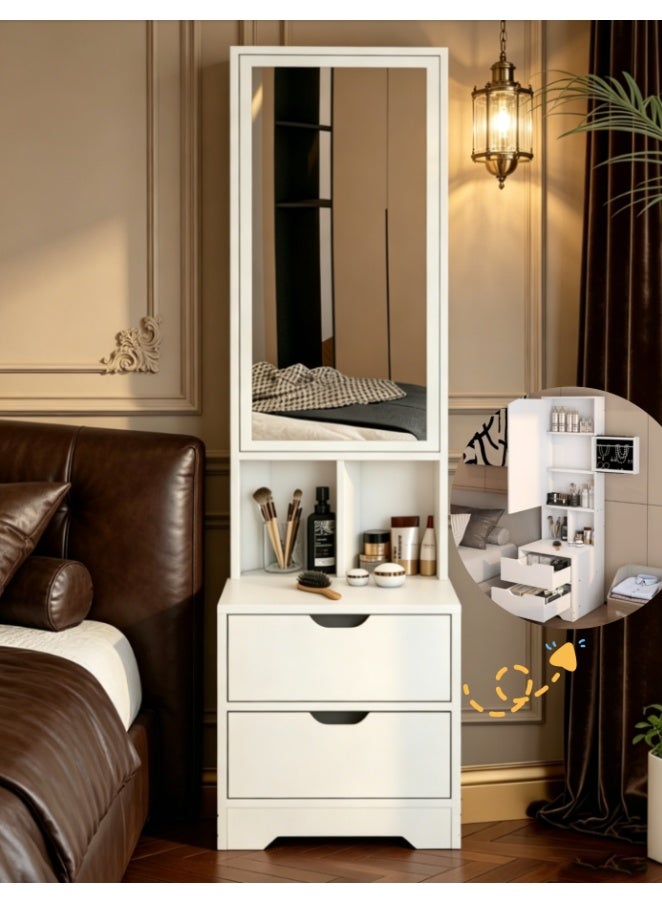 CityRiya-Long Tall Bedside Mirror Cabinet with Hidden Jewelry Storage, White Narrow Nightstand with Drawers & Open Compartments, Multi-Purpose Dresser Organizer for Bedroom, Small Space Friendly Vanity Cabinet with Full Length Mirror (CT053DG) - Image 1