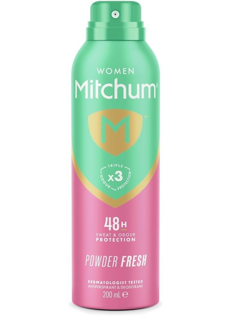 Mitchum Women Triple Odor Defense 48HR Protection Aerosol Deodorant & Anti-Perspirant Powder Fresh 200 ml - Image 1