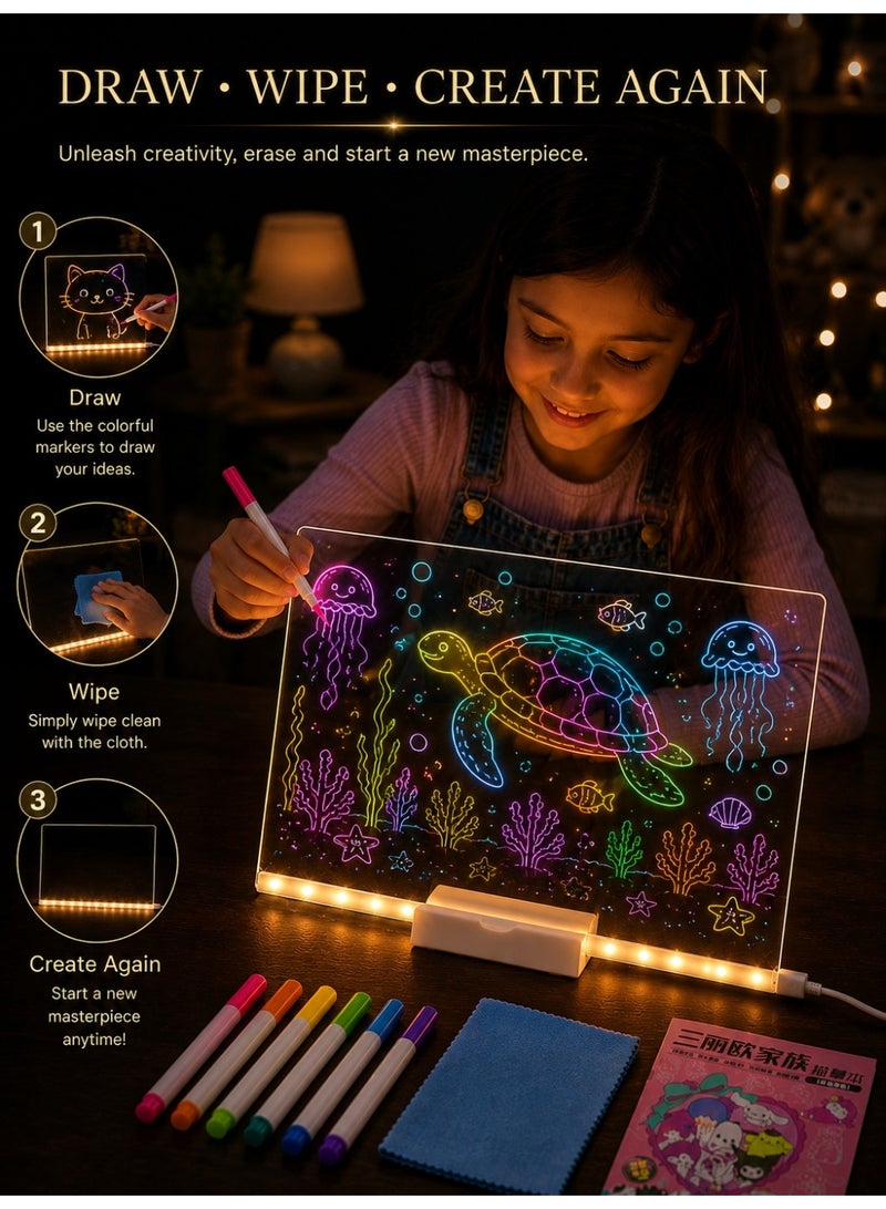 Eworld LED Acrylic Drawing Board for Kids with Warm LED Light, Reusable Magic Drawing Pad, Creative Writing & Doodle Board with 7 Color Markers, USB Powered Educational Gift Toy (300 x 200mm) - Image 2