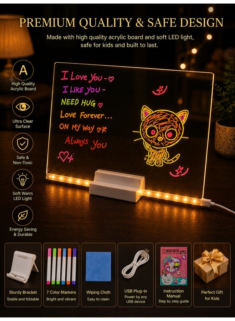 Eworld LED Acrylic Drawing Board for Kids with Warm LED Light, Reusable Magic Drawing Pad, Creative Writing & Doodle Board with 7 Color Markers, USB Powered Educational Gift Toy (300 x 200mm) - Image 1