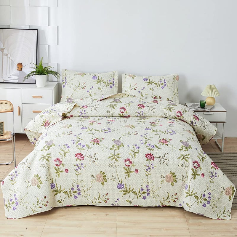 Green Essen Vintage Floral Quilts FullQueen Size Lightweight Bedspread Rustic Botanical Bedding Garden Plants Blossom Coverlet Set Cabin Home Decor