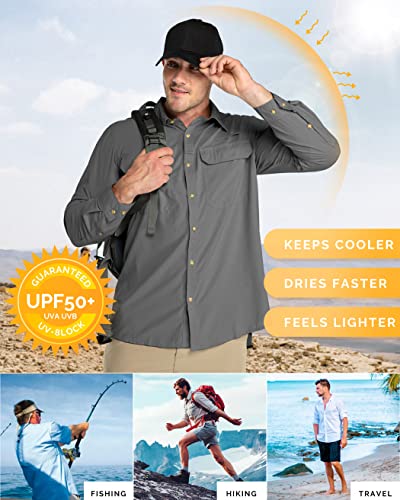 33,000ft Men's Long Sleeve Sun Protection Shirt UPF 50+ UV Quick Dry Cooling Fishing Shirts for Travel Safari Camping Hiking Grey - Image 4