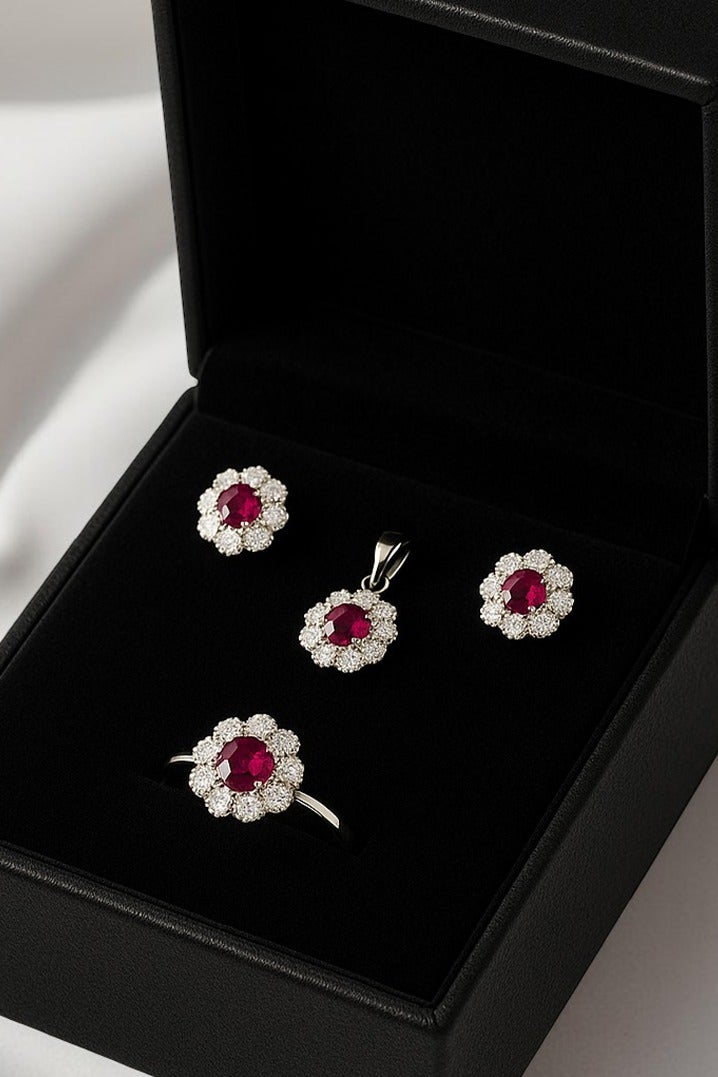 Ready For Chai Floral Ruby Red CZ & Diamond-Cut CZ Pendant Set in 925 Sterling Silver â Includes Earrings, Pendant and Ring - Image 2