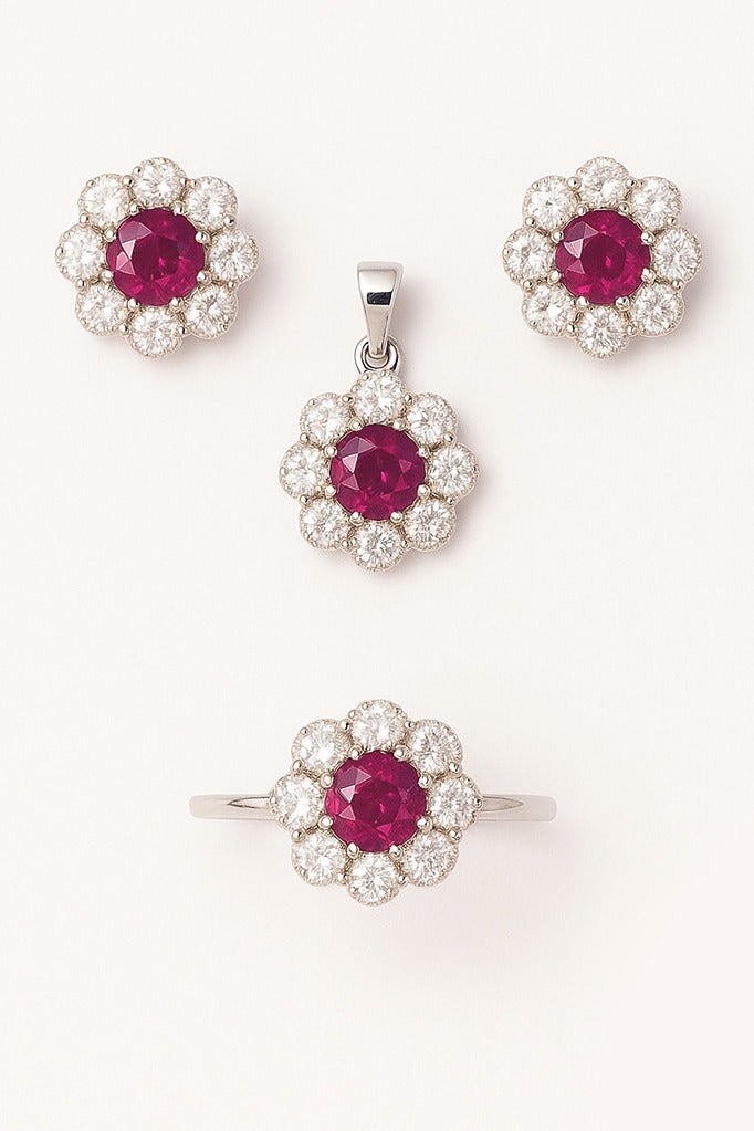 Ready For Chai Floral Ruby Red CZ & Diamond-Cut CZ Pendant Set in 925 Sterling Silver â Includes Earrings, Pendant and Ring - Image 1
