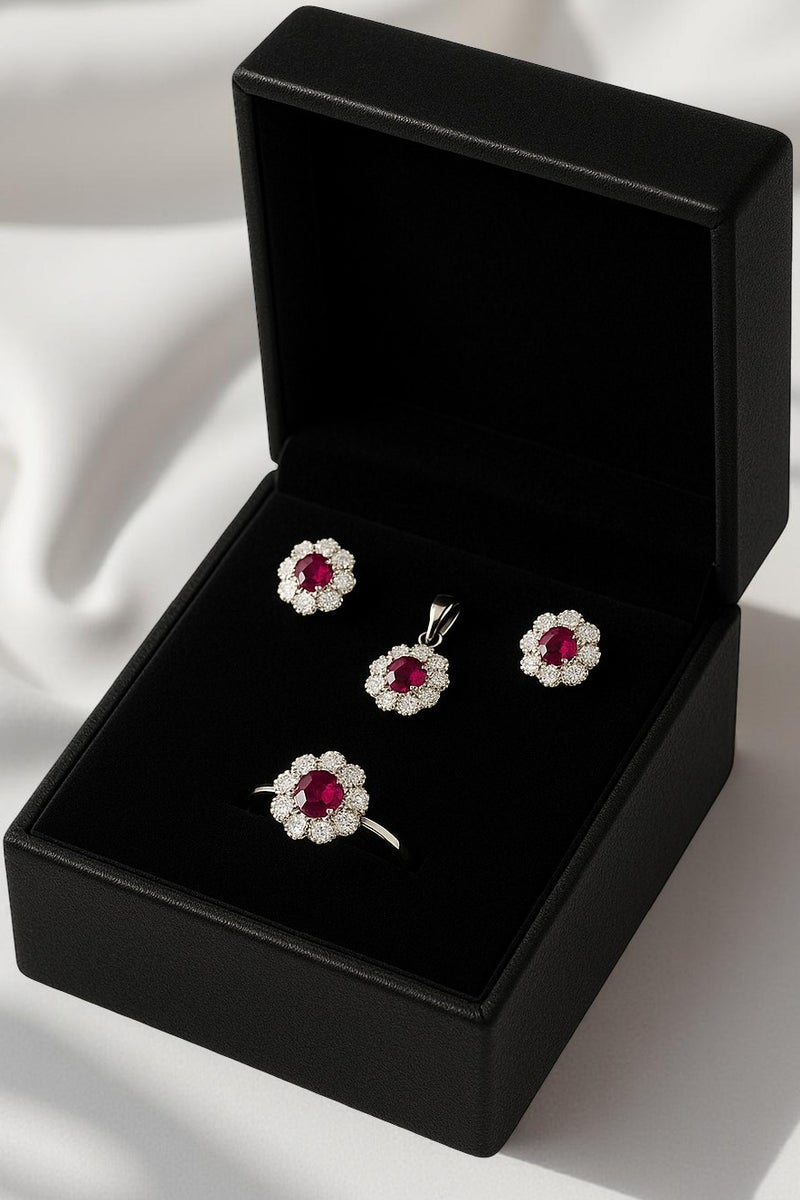 Ready For Chai Floral Ruby Red CZ & Diamond-Cut CZ Pendant Set in 925 Sterling Silver â Includes Earrings, Pendant and Ring - Image 4