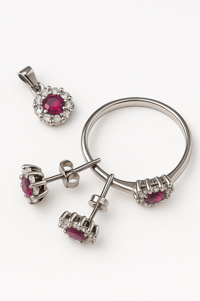Ready For Chai Floral Ruby Red CZ & Diamond-Cut CZ Pendant Set in 925 Sterling Silver â Includes Earrings, Pendant and Ring - Image 5