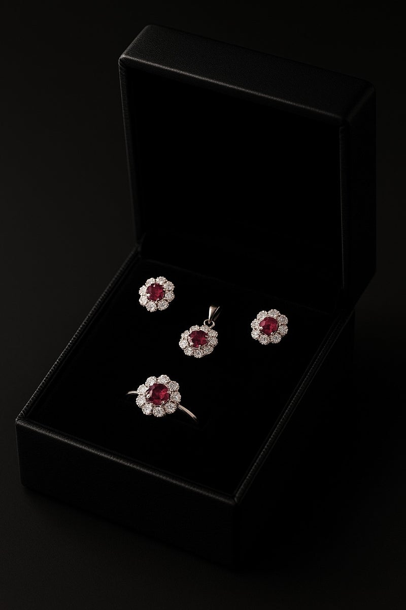 Ready For Chai Floral Ruby Red CZ & Diamond-Cut CZ Pendant Set in 925 Sterling Silver â Includes Earrings, Pendant and Ring - Image 3