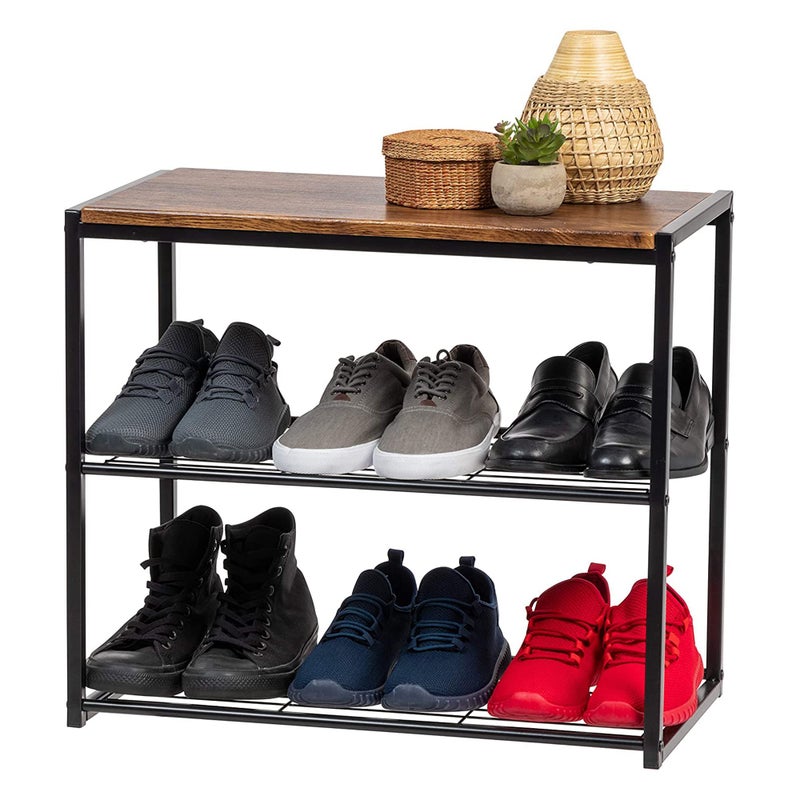 IRIS USA 3Tier Shoe Rack Up to 6 Pairs Shoe Bench for Front Door Entrance Entryway Mudroom Bench Shoe Organizer for Closet Shoe Storage Shelf Modern Wood and Metal Shoe Rack Bench