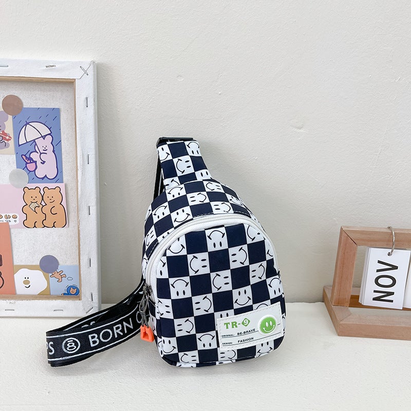 Kids Fashion Chess Print Shoulder Bag Black 