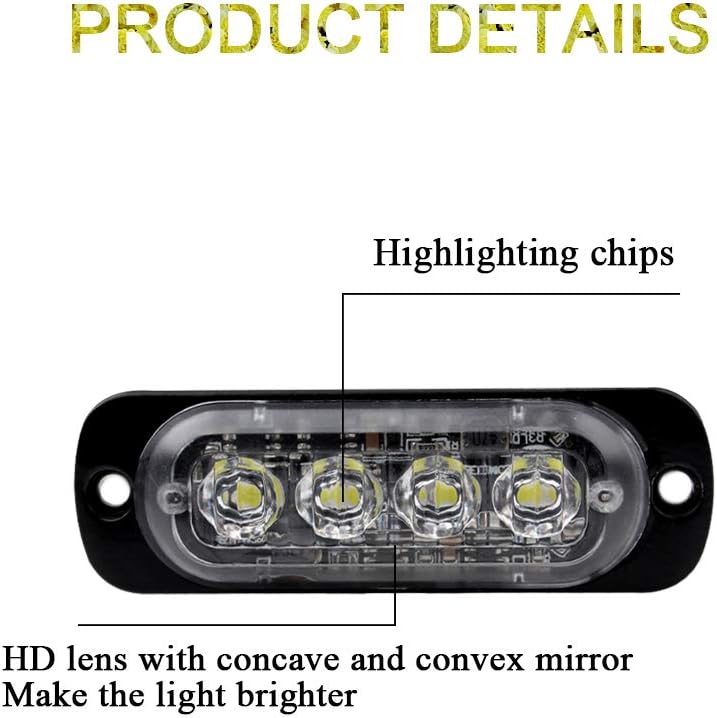 Sidaqi White 4-LED Surface Flash Mount Grille Emergency Strobe Lights Ultra Slim Deck Dash Grill Warning Police Light Hazard Beacon Caution Flashing Light for Vehicles Van Waterproof 12-24V-4PCS - Image 3