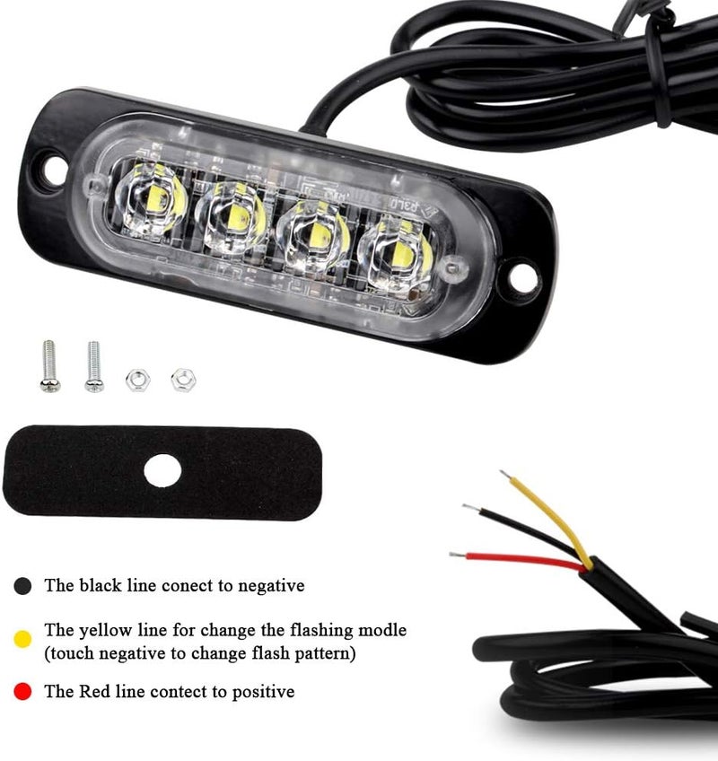 Sidaqi White 4-LED Surface Flash Mount Grille Emergency Strobe Lights Ultra Slim Deck Dash Grill Warning Police Light Hazard Beacon Caution Flashing Light for Vehicles Van Waterproof 12-24V-4PCS - Image 4