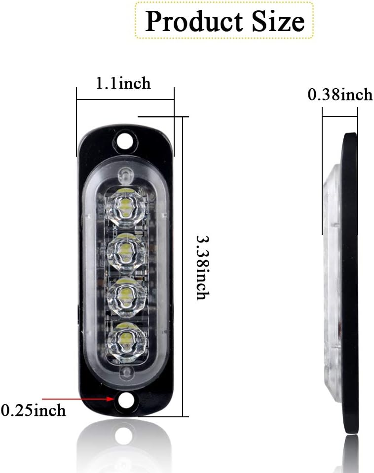 Sidaqi White 4-LED Surface Flash Mount Grille Emergency Strobe Lights Ultra Slim Deck Dash Grill Warning Police Light Hazard Beacon Caution Flashing Light for Vehicles Van Waterproof 12-24V-4PCS - Image 2