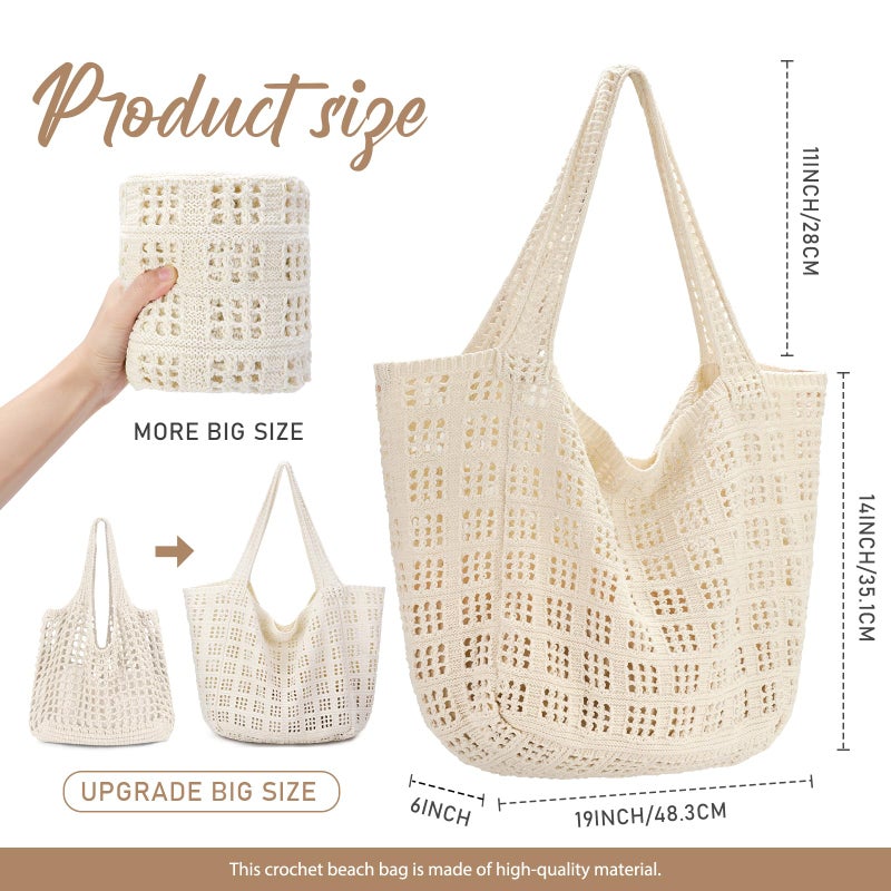 hatisan Crochet Bags for Women - Summer Beach Tote, Aesthetic Hippie Knit Bag (A Large Beige) - Image 4