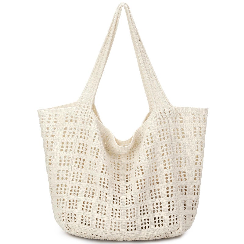 hatisan Crochet Bags for Women - Summer Beach Tote, Aesthetic Hippie Knit Bag (A Large Beige) - Image 1