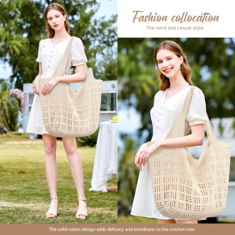hatisan Crochet Bags for Women - Summer Beach Tote, Aesthetic Hippie Knit Bag (A Large Beige) - Image 2