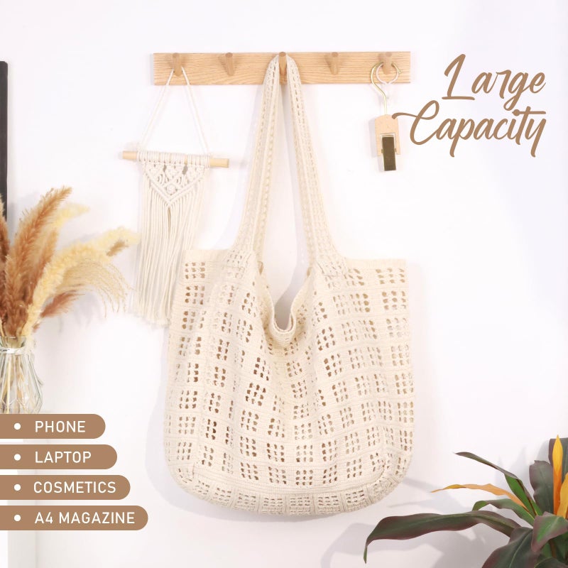 hatisan Crochet Bags for Women - Summer Beach Tote, Aesthetic Hippie Knit Bag (A Large Beige) - Image 5