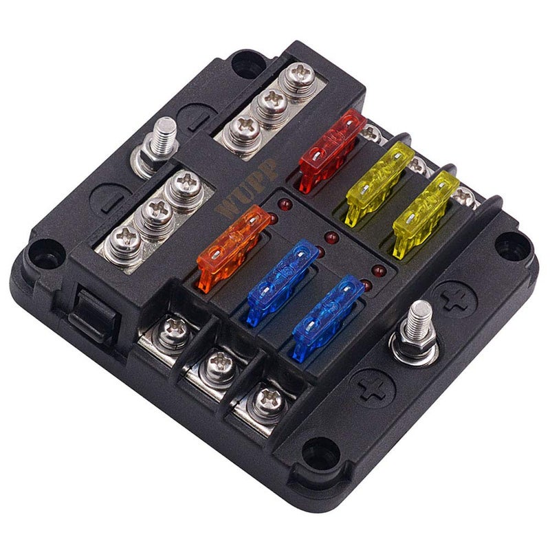 WUPP 12 Volt Fuse Block, Waterproof Boat Fuse Panel with LED Warning Indicator Damp-Proof Cover, 6 Circuits with Negative Bus Fuse Box for Car Marine RV Truck DC 12-24V - Image 1