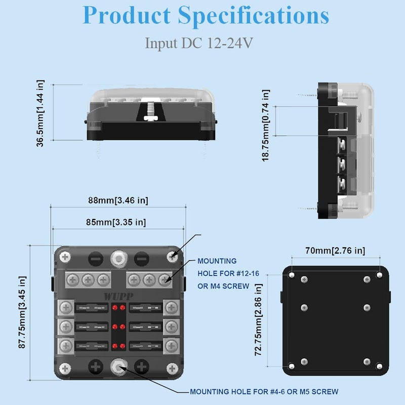 WUPP 12 Volt Fuse Block, Waterproof Boat Fuse Panel with LED Warning Indicator Damp-Proof Cover, 6 Circuits with Negative Bus Fuse Box for Car Marine RV Truck DC 12-24V - Image 4