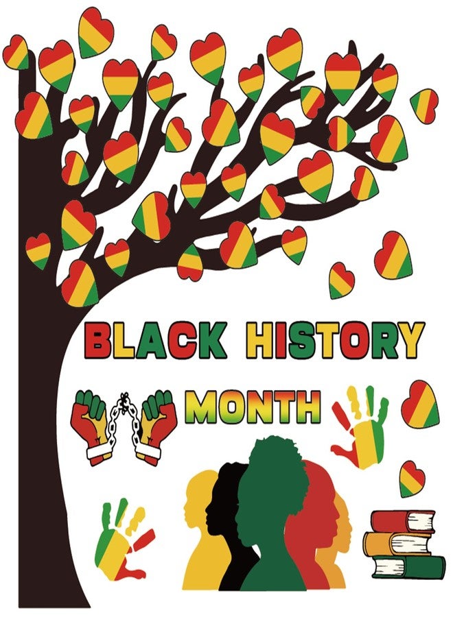 Whaline 92Pcs Black History Month Tree Bulletin Board Decoration Set Juneteenth African American Heart Paper Cutouts with 200Pcs Glue Points for Classroom Party Wall Blackboard - Image 1