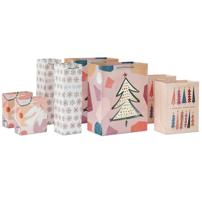 Hallmark Boho Christmas Gift Bag Assortment 8 Bags 2 Small 6 2 Medium 9 2 Large 13 2 Bottle Bags in Pastel Pink Purple Hunter Green White Dove Snowflakes Trees