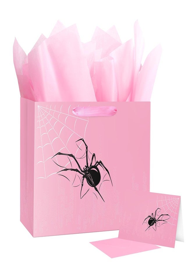 Linelglobal Spider Gift Bag with Tissue Paper Pink Black Design for Girl Birthday Party Spider Theme Halloween Web Decoration - Image 1