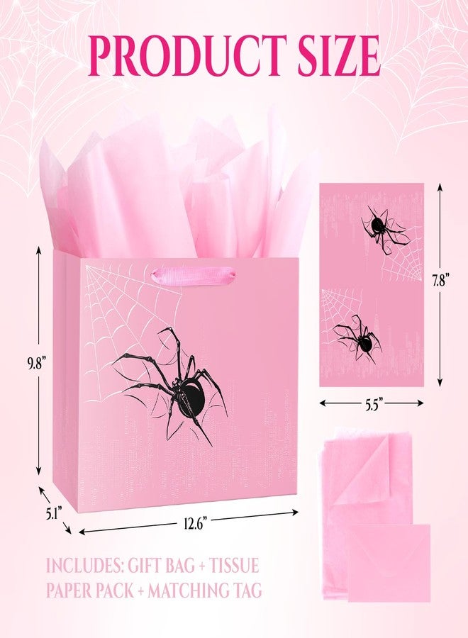 Linelglobal Spider Gift Bag with Tissue Paper Pink Black Design for Girl Birthday Party Spider Theme Halloween Web Decoration - Image 2