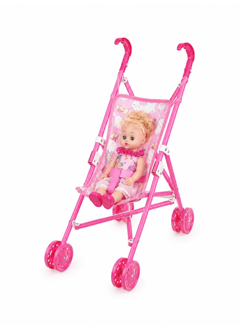 STORE 7 Foldable Doll Stroller with Baby Doll for Girls – Kids Toy Doll Pram with Smooth Rolling Wheels – Lightweight Baby Doll Pushchair – Pretend Play Nursery Toy for Children - Image 1