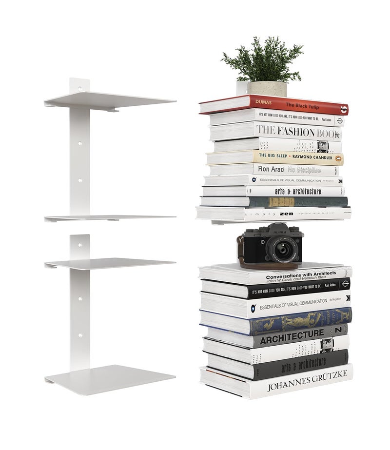Wawocs Invisible Bookshelf for Wall, 4 Tier Floating Bookshelf Made of Heavy Duty Metal, Vertical Spine Book Tower Hanging Wall Bookshelf, Floating Book Shelves for Wall, 2 Pack White - Image 1