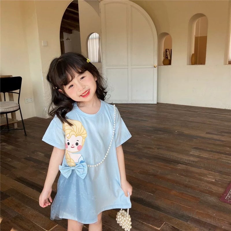 Girls Summer Cartoon T-Shirt Dress with Pearl Mesh Blue